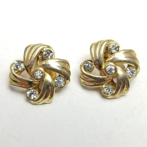 Vintage Gold Tone Rhinestone Spiral Pinwheel Shape Clip On Earrings, 80s Style - Picture 1 of 6